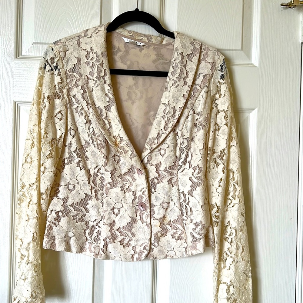 CAbi cream floral lace lined jacket